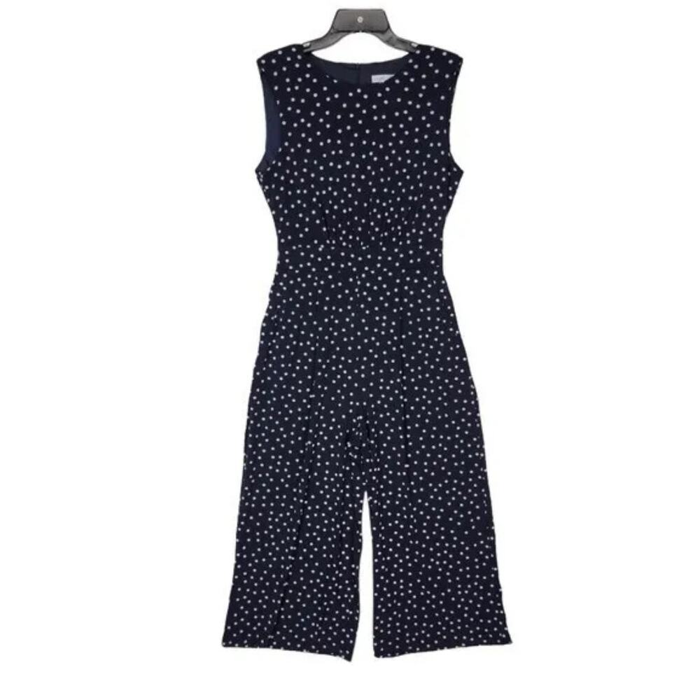 London Times women’s 8 navy white polka dot sleeveless jump suit romper classy